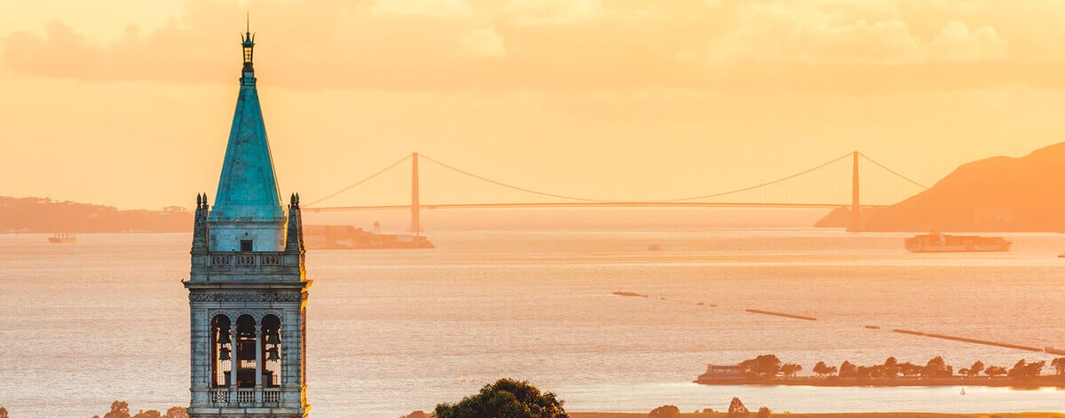 UC Berkeley campus with the Campanile and the Golden Gate Bridge